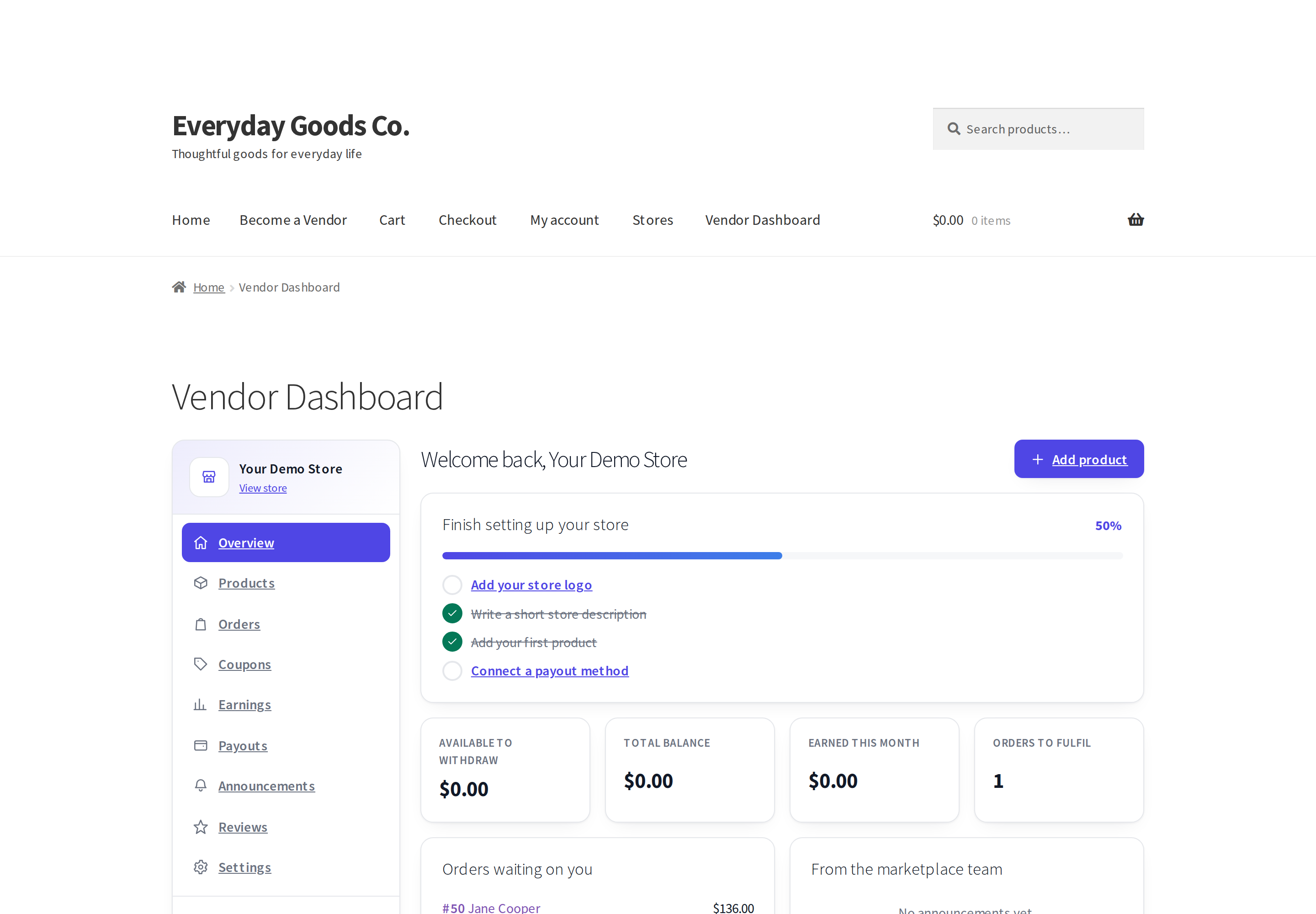 The setup checklist guides new vendors through their first steps.