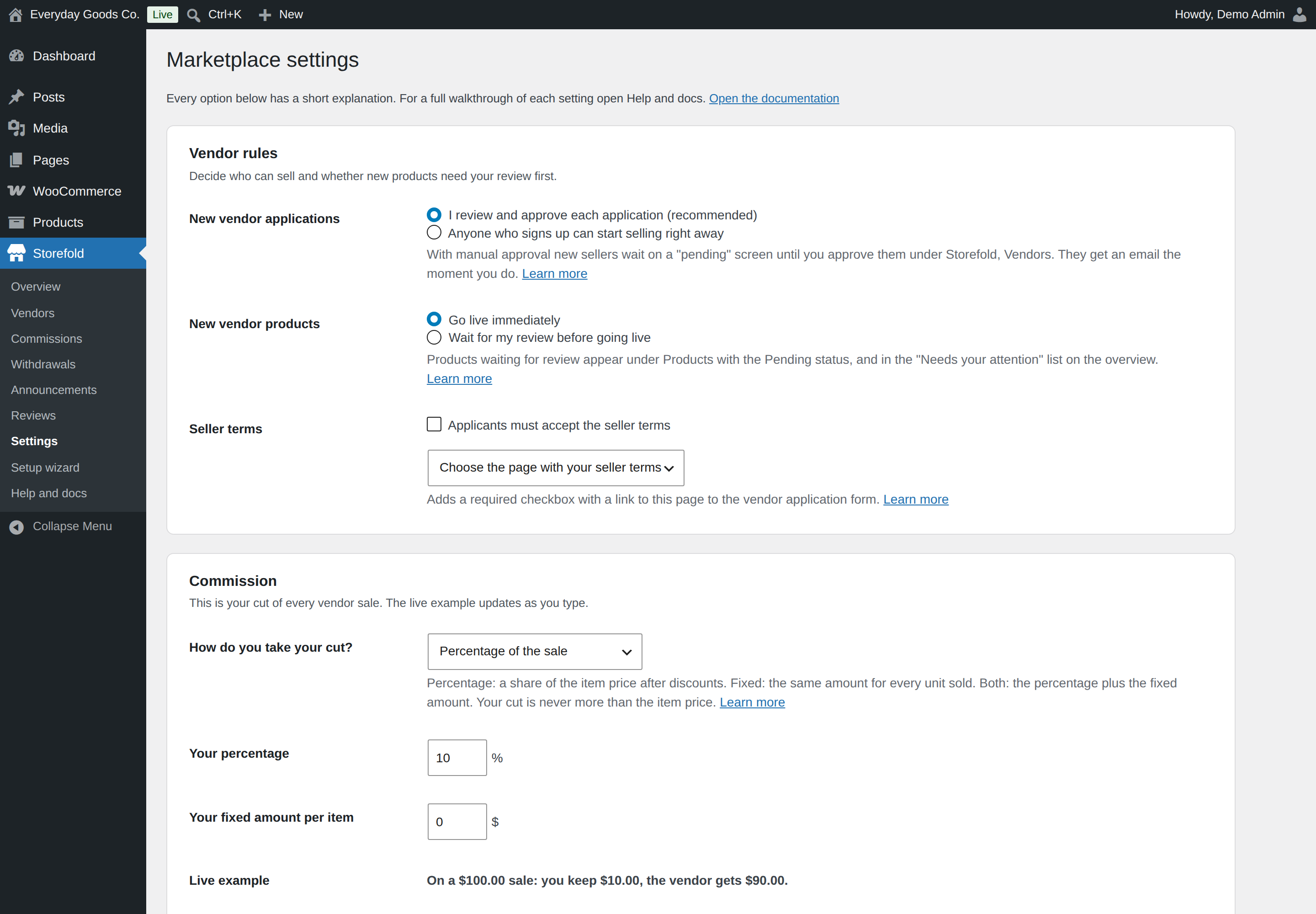 All marketplace rules on one screen; click Save settings at the bottom.