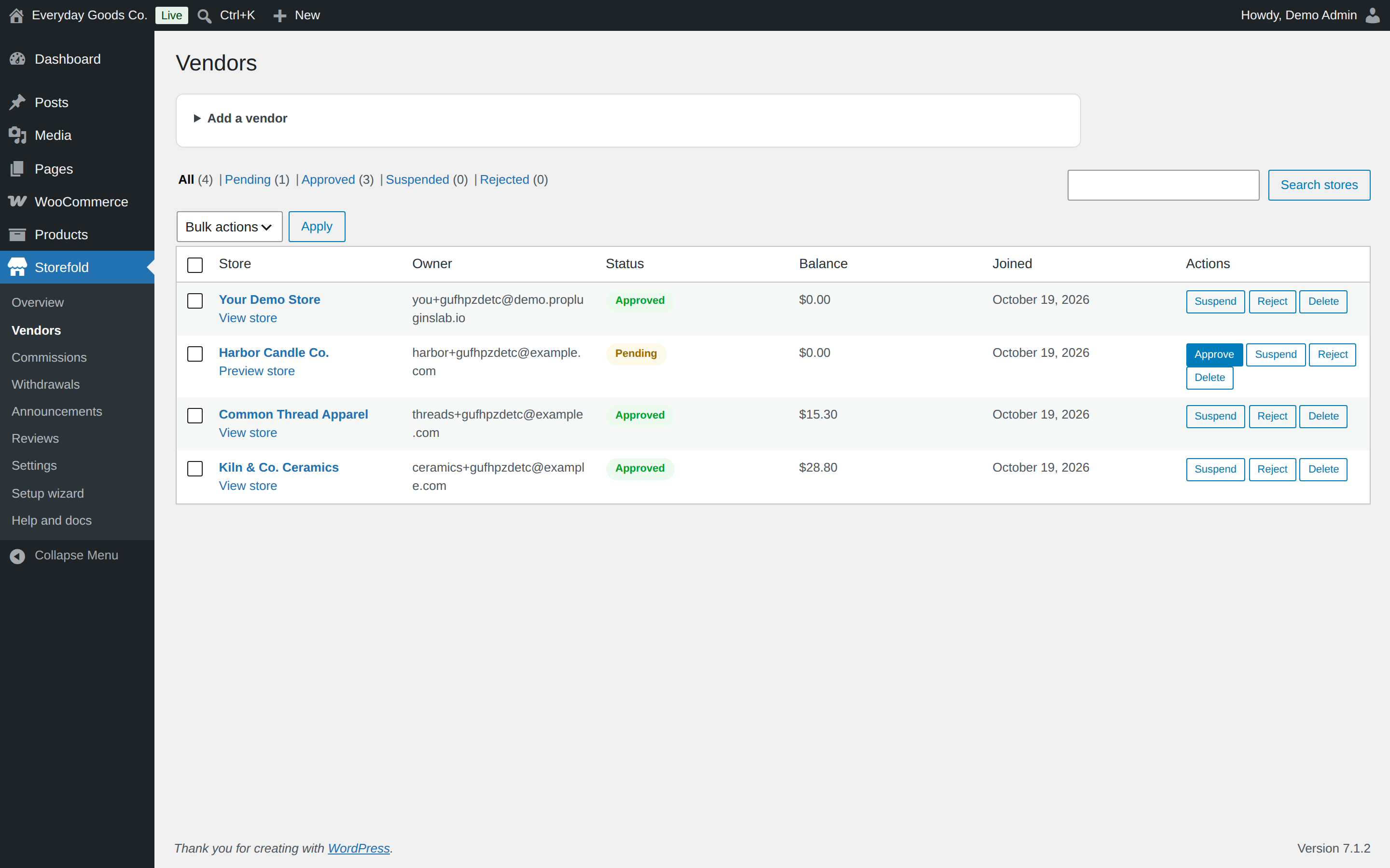 Status buttons in the Actions column change one store; Bulk actions changes several at once.