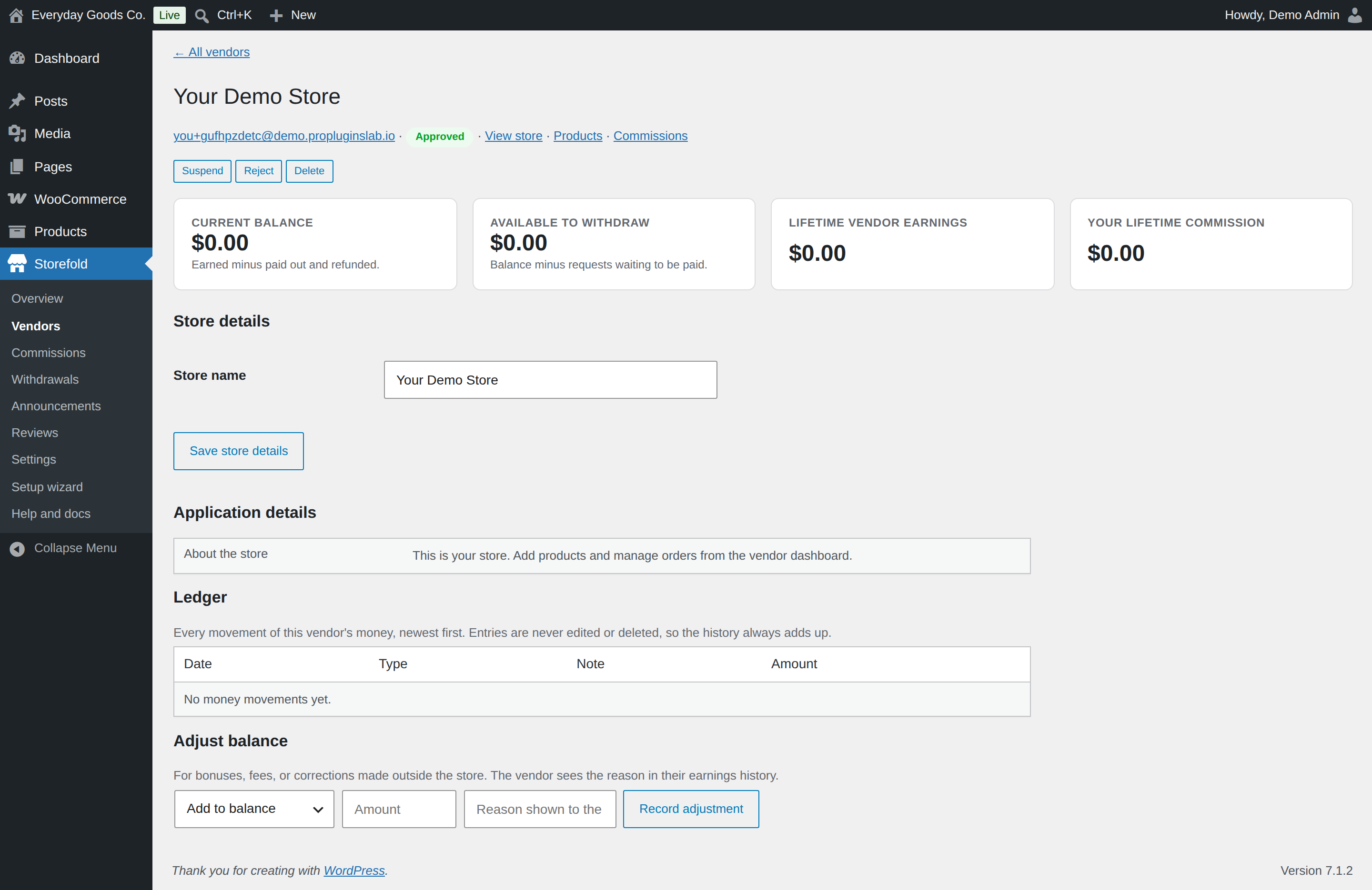 The Adjust balance form at the bottom adds or deducts an amount with a reason the vendor can see.