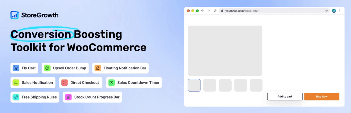 WordPress 外掛 StoreGrowth – WooCommerce Sales Booster: Fly Cart, Direct Checkout, Live Sales Notifications, Upsell, Countdown Timer & More 的封面圖片。