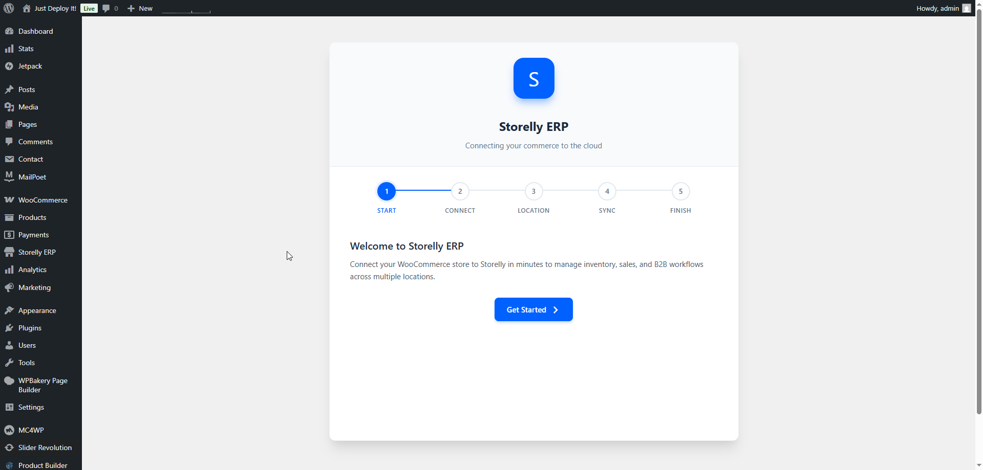 The 5-step Storelly ERP setup wizard welcome screen.