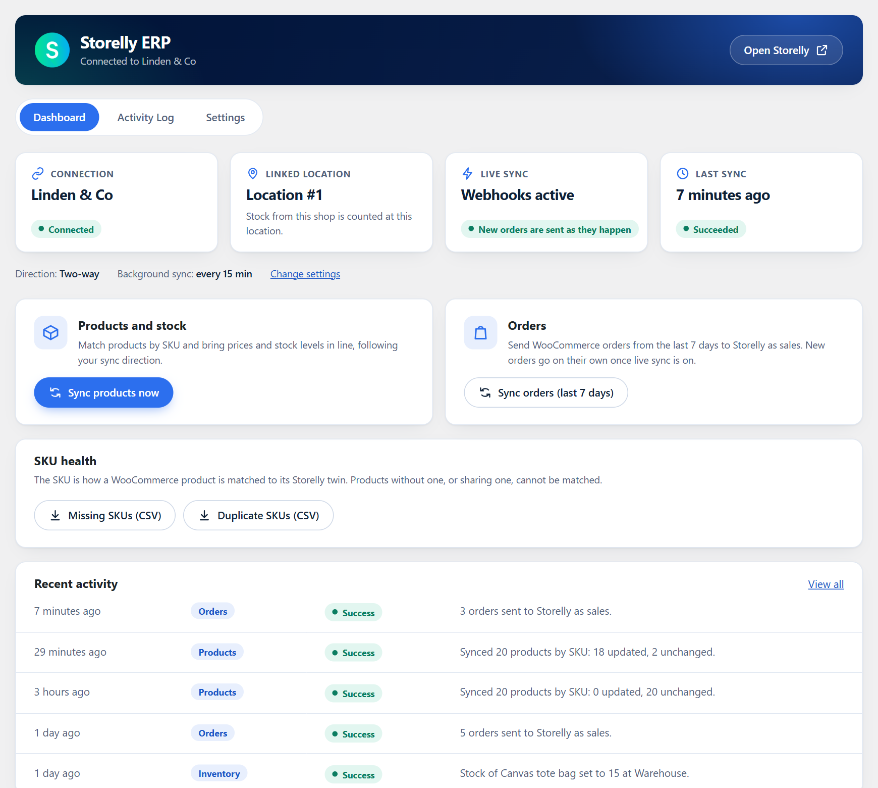 The dashboard: connection, linked location, live sync status, one-click product and order sync, and SKU health.