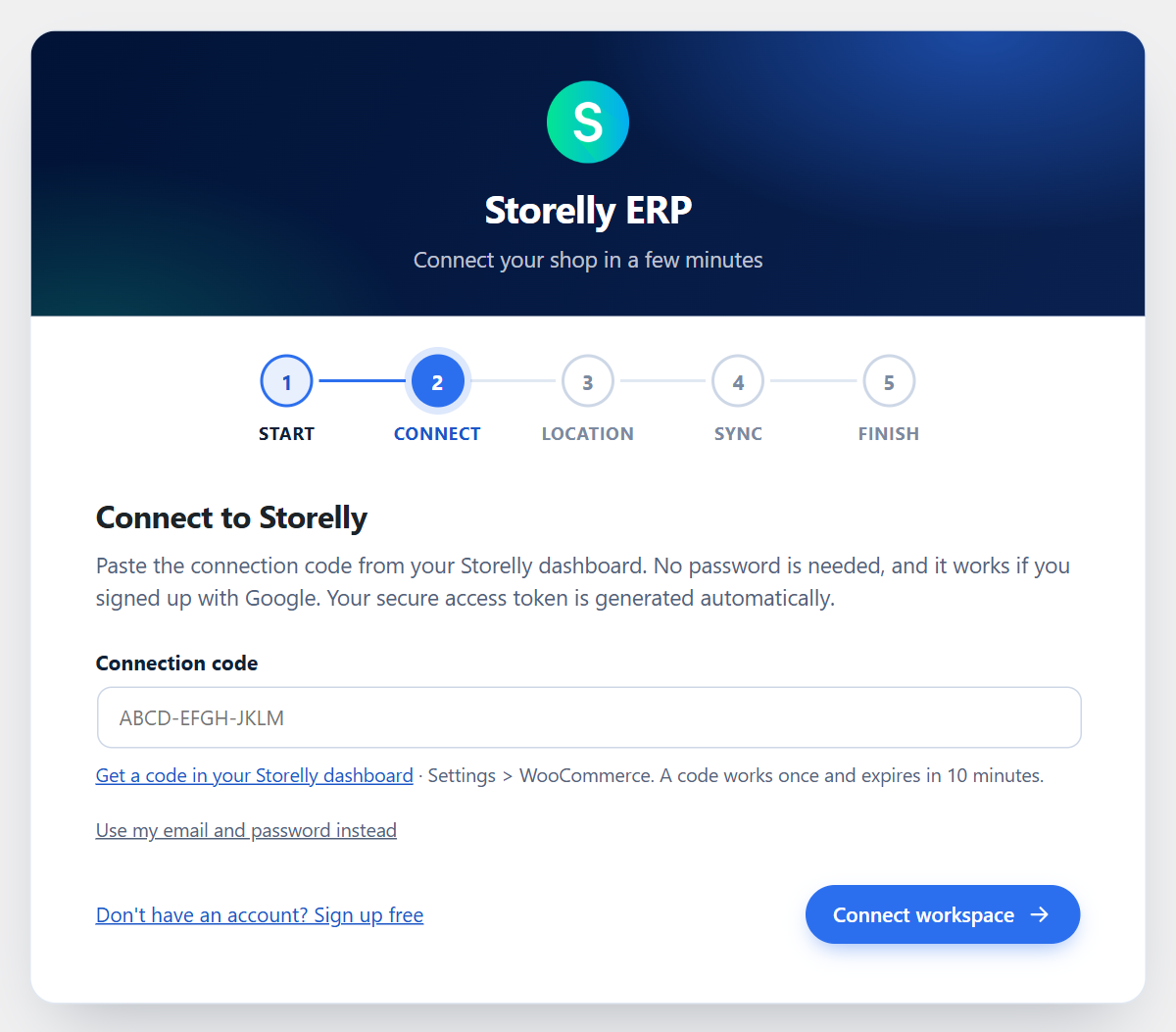 The setup wizard: connect with a one-time code from your Storelly dashboard, no password needed.