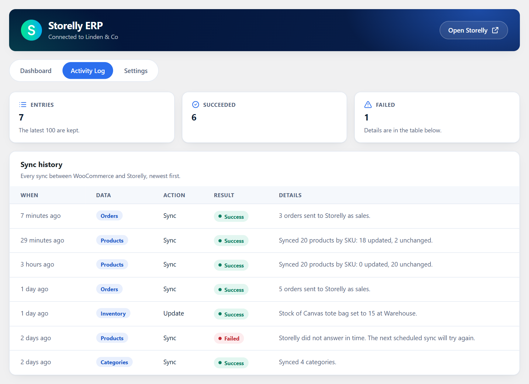The activity log: every sync, with its result and details.