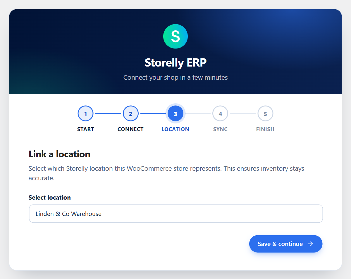 The setup wizard: link this shop to a Storelly location.