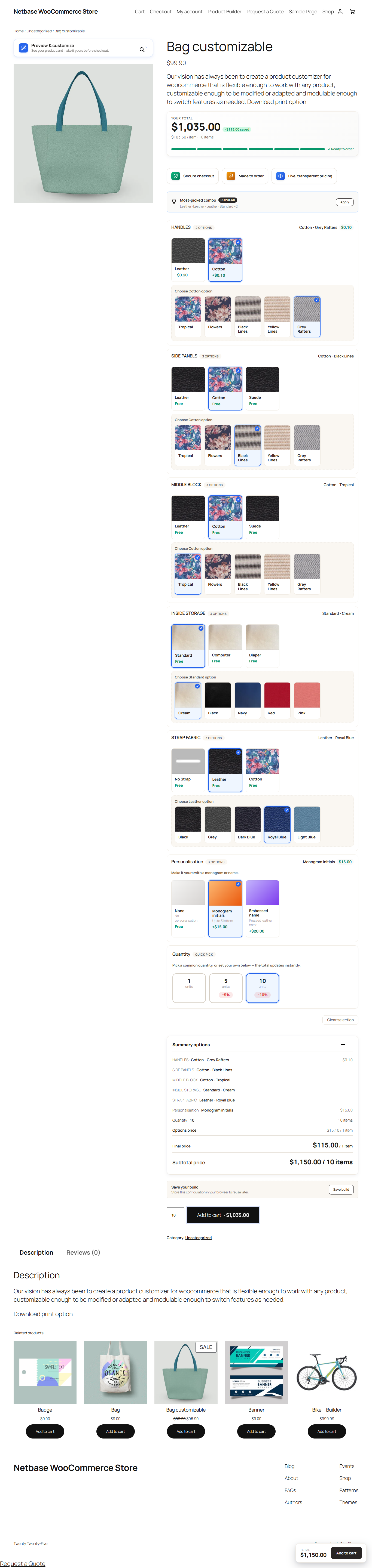 Swatch-rich product configuration with a live order summary