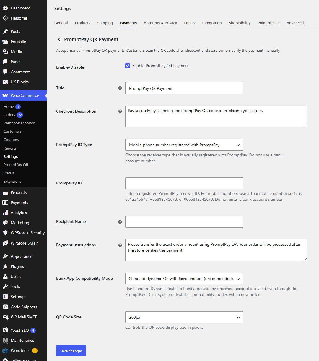 Configure PromptPay QR Payment in WooCommerce payment settings.