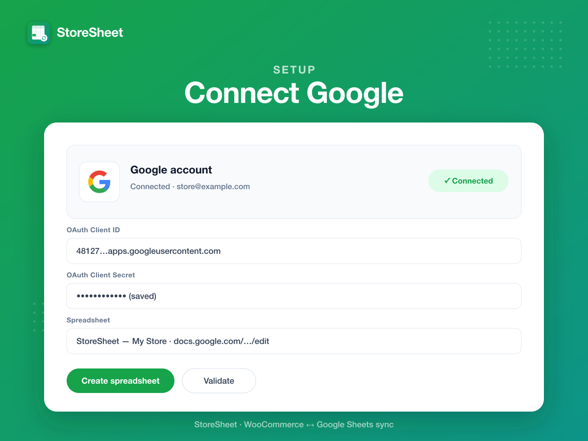 Connect tab — Google OAuth and spreadsheet setup.