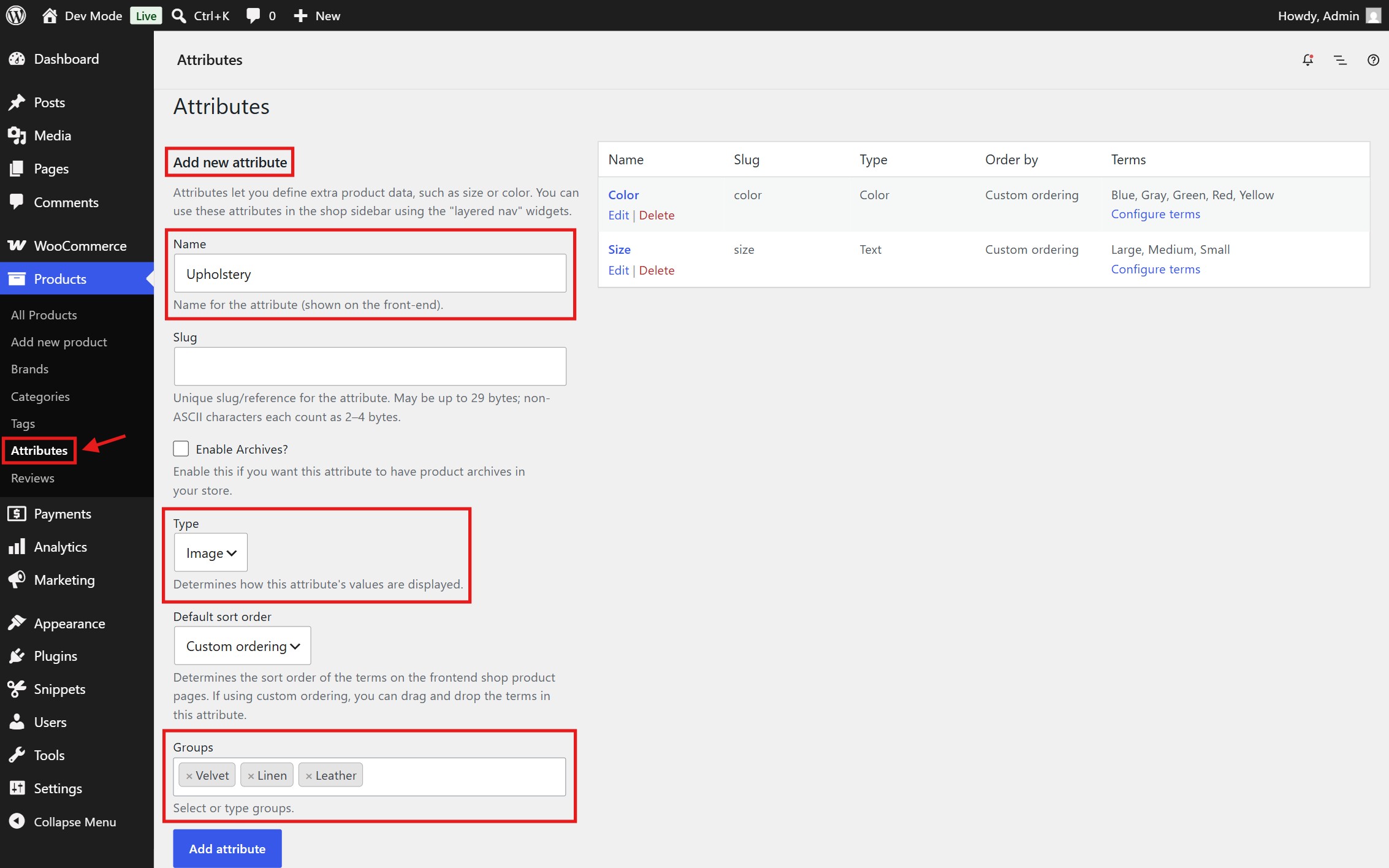 Add a new attribute or edit an existing one, choosing a desired swatch type and assigning groups if needed.