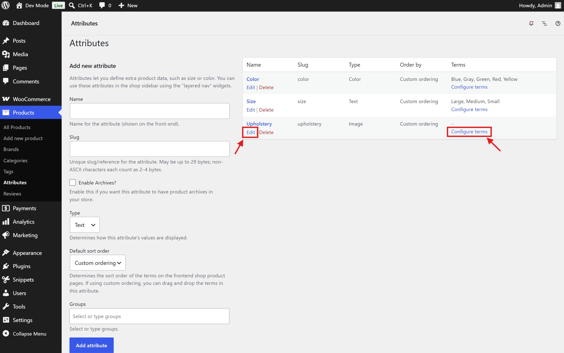 Click "configure terms" to create or edit attribute options.