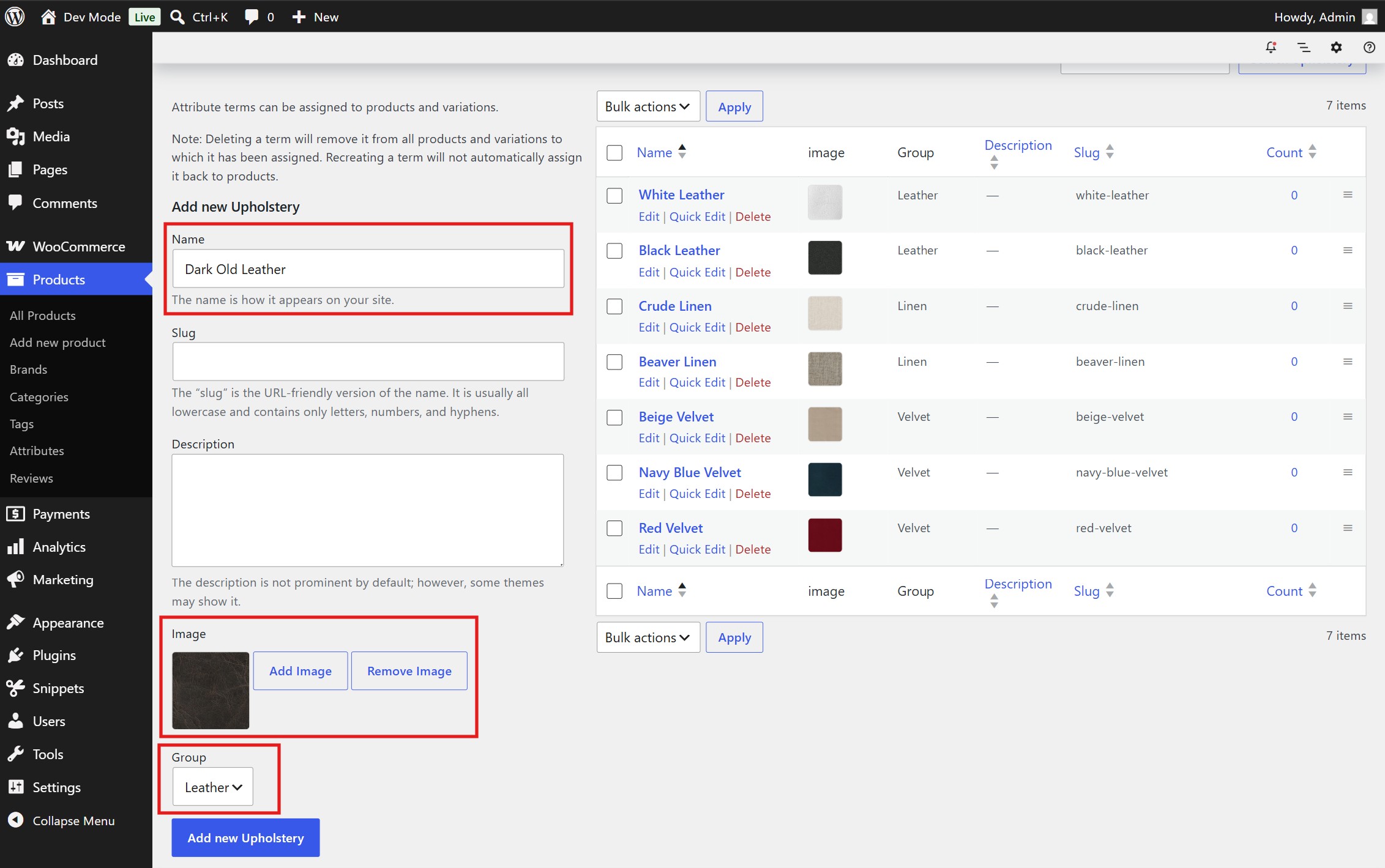 Add new attribute options or edit existing ones.