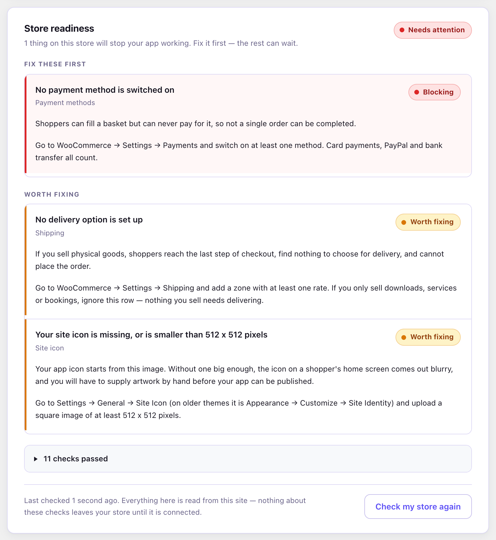 The free Store readiness check — fourteen checks over your own WooCommerce settings, each with what it costs you and which screen to fix it on. No account needed.