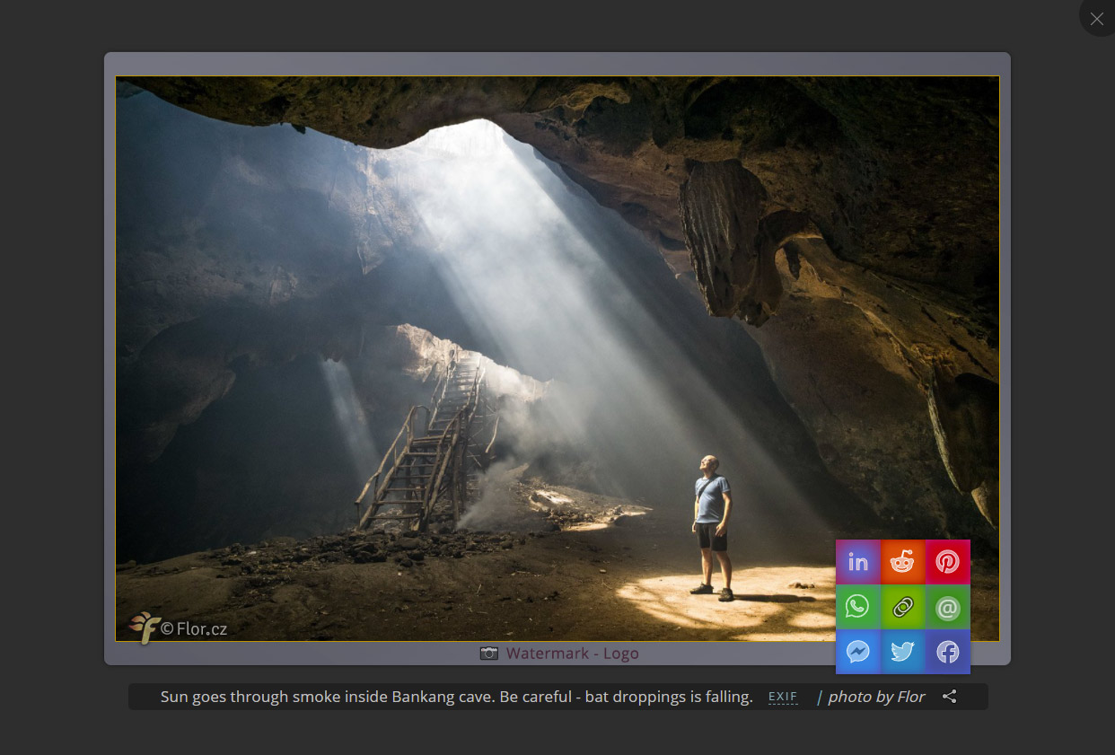 The gallery can be set color theme, borders, rounding, watermark (image or text). SSG offers also social sharing and EXIF display.
