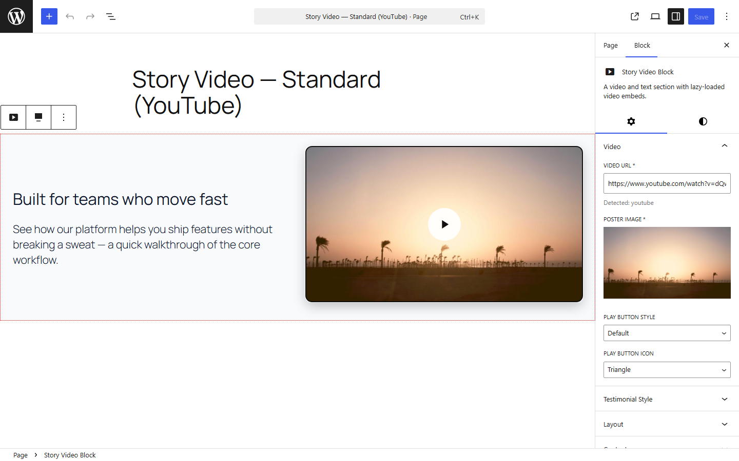 Editor — standard layout, with the Video, Layout, Testimonial, and Content settings in the sidebar and a dedicated Styles tab for background and text color.