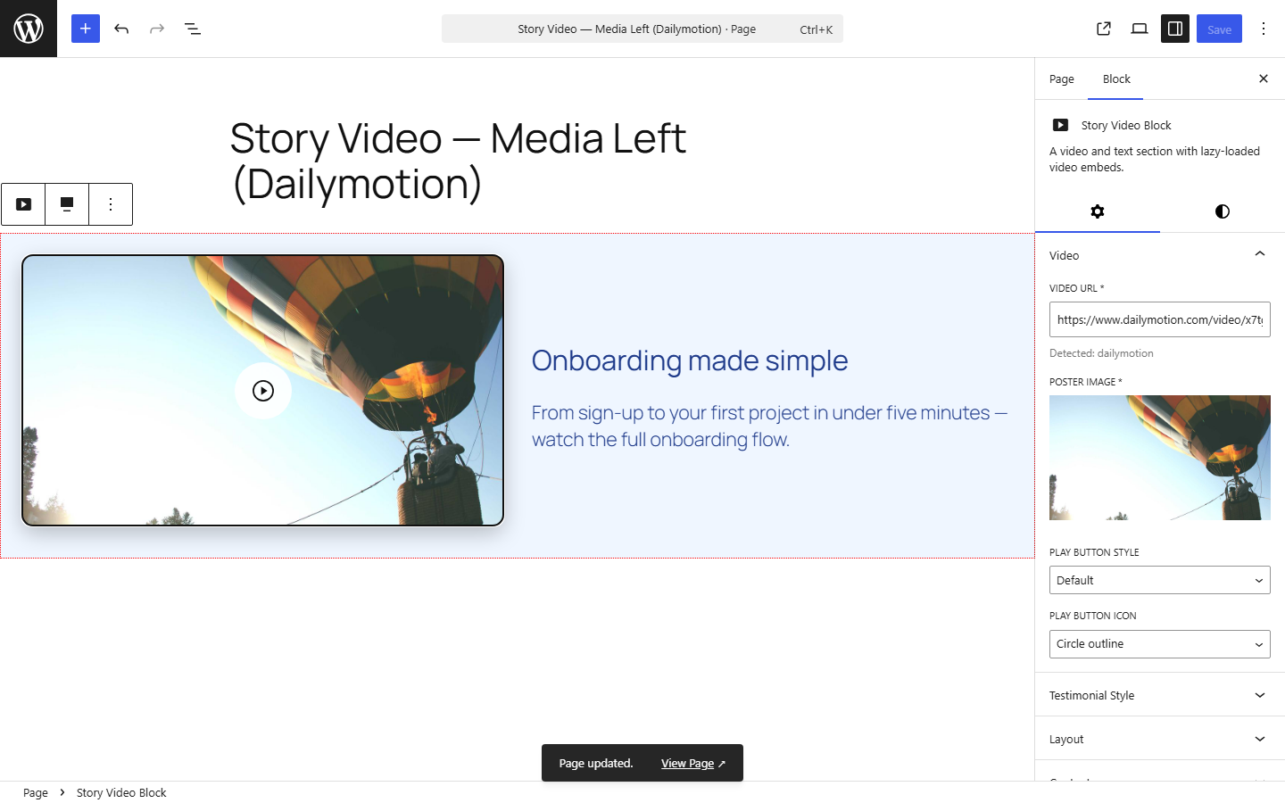 Editor — media-left layout with a Dailymotion video.