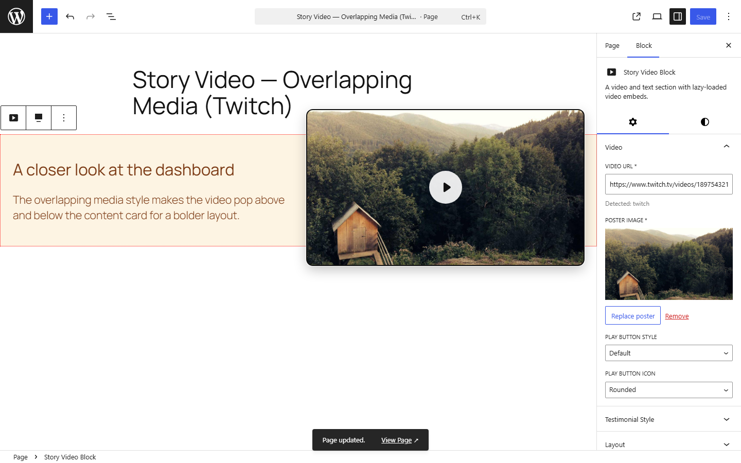 Editor — overlapping media card style with a Twitch video.