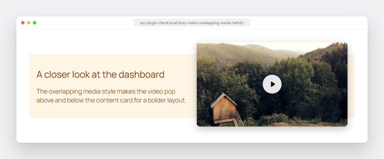 Frontend — overlapping media card style; the video pokes out above and below the card.