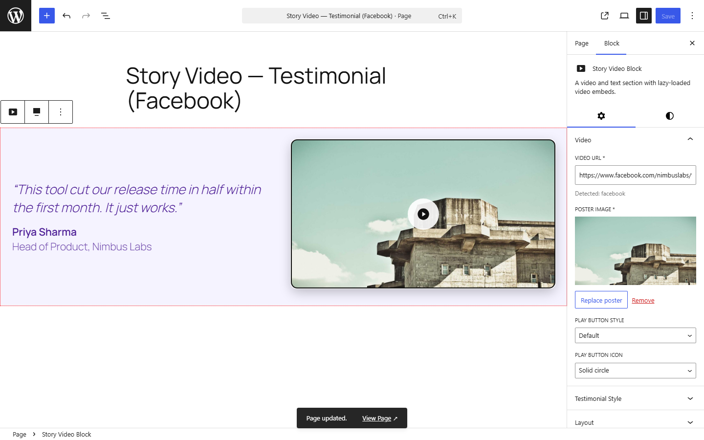 Editor — testimonial mode with a quote, author, and a Facebook video.