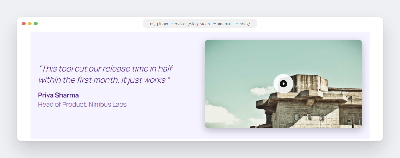 Frontend — testimonial mode with a quote, author, and a Facebook video.