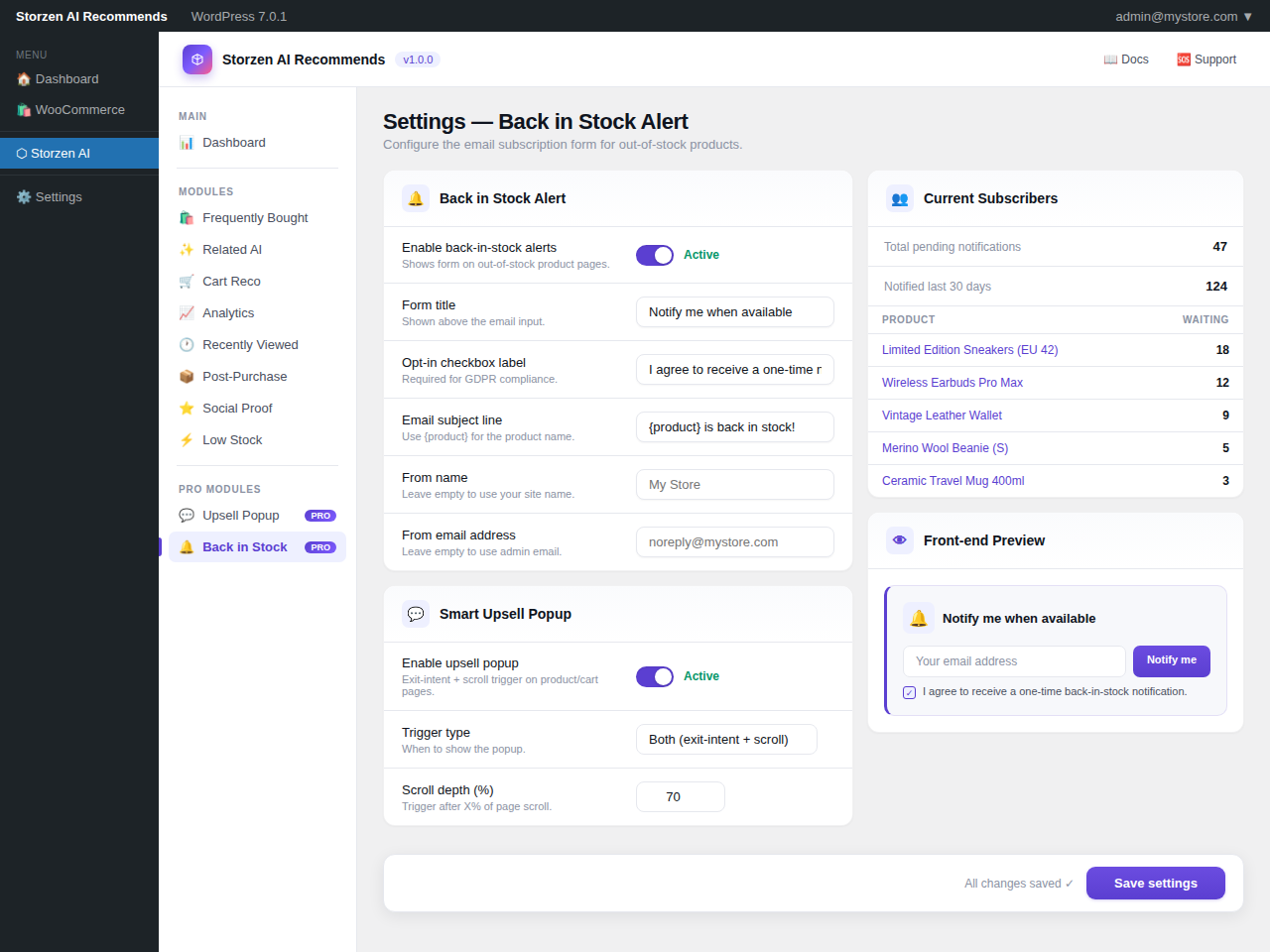 Admin settings panel for the Pro Back in Stock Alert module โ configure email subscription form, GDPR opt-in label, email subject, upsell popup trigger settings, and live front-end preview alongside the current subscriber list.