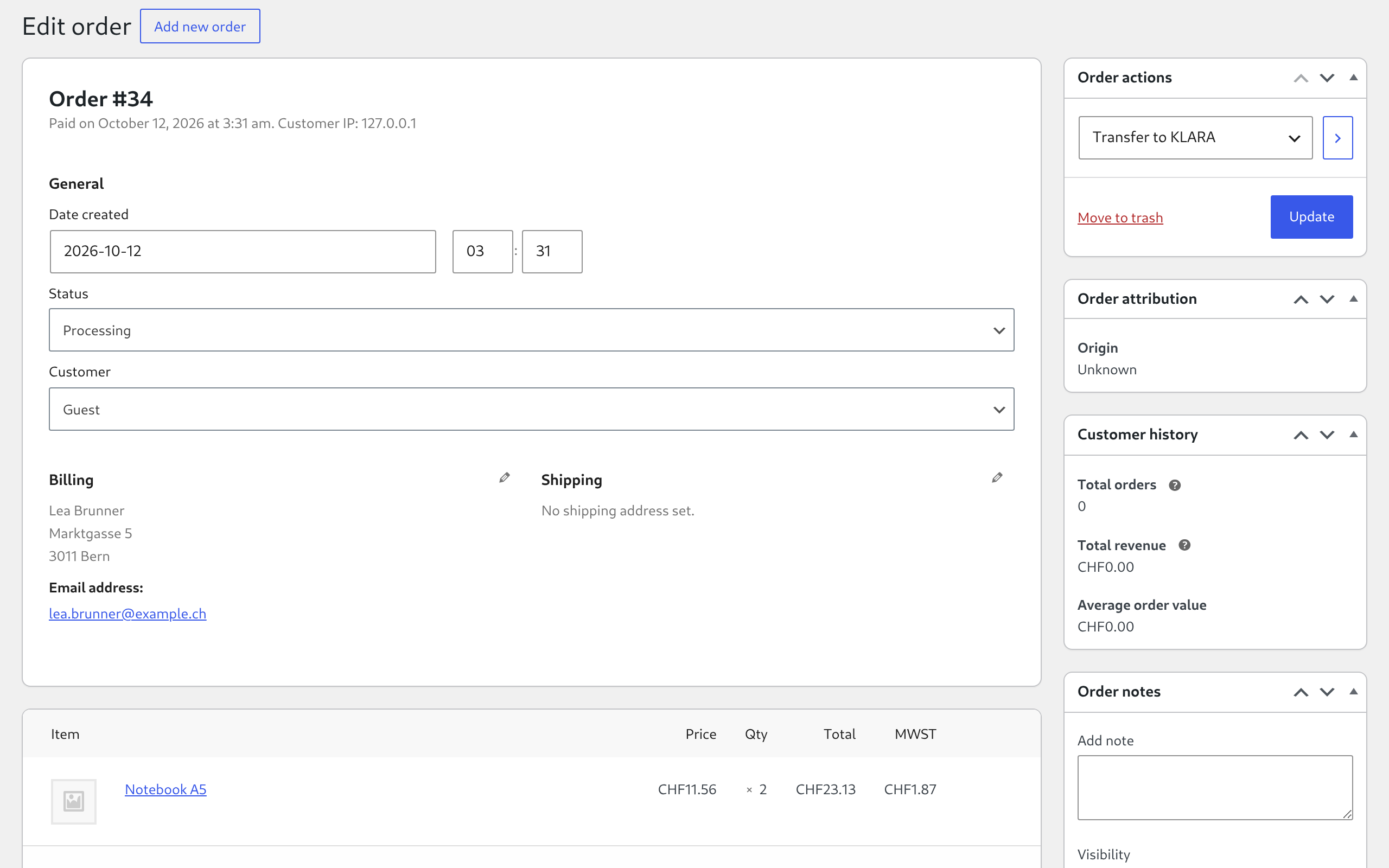 Order screen in WooCommerce: choose "Transfer to KLARA" in the Order actions box.