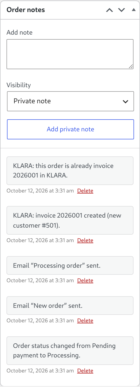 Order notes after the transfer: the KLARA invoice number comes back as a note.
