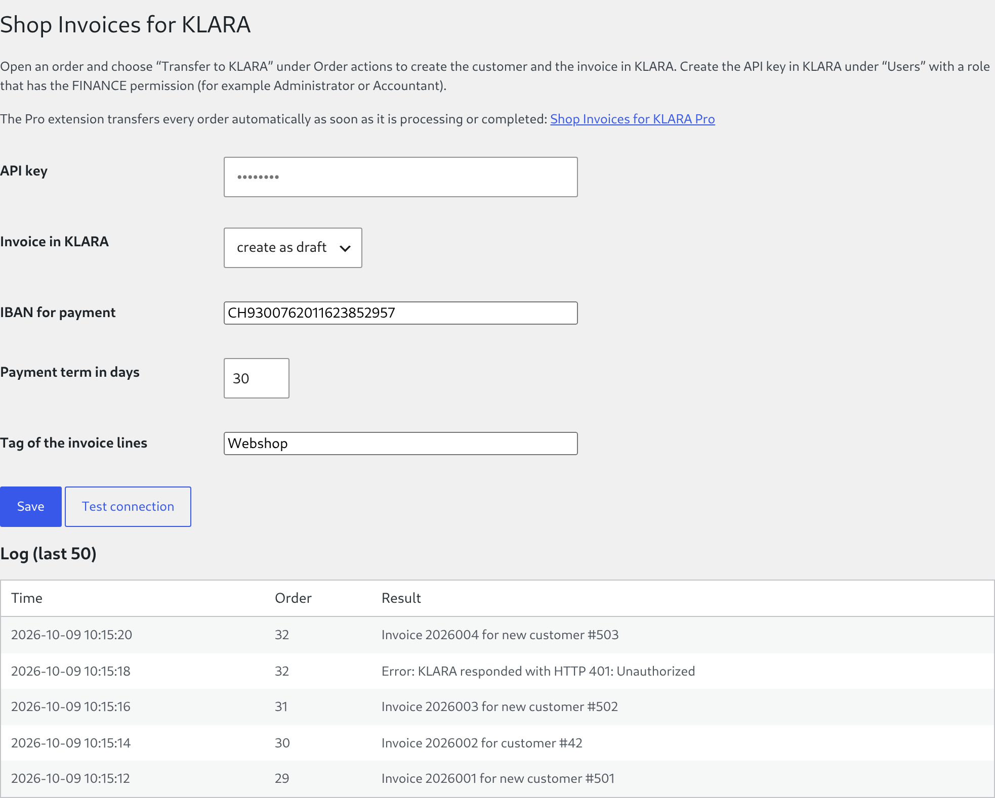 Settings page under WooCommerce → KLARA: API key, connection test and log of the last 50 transfers.