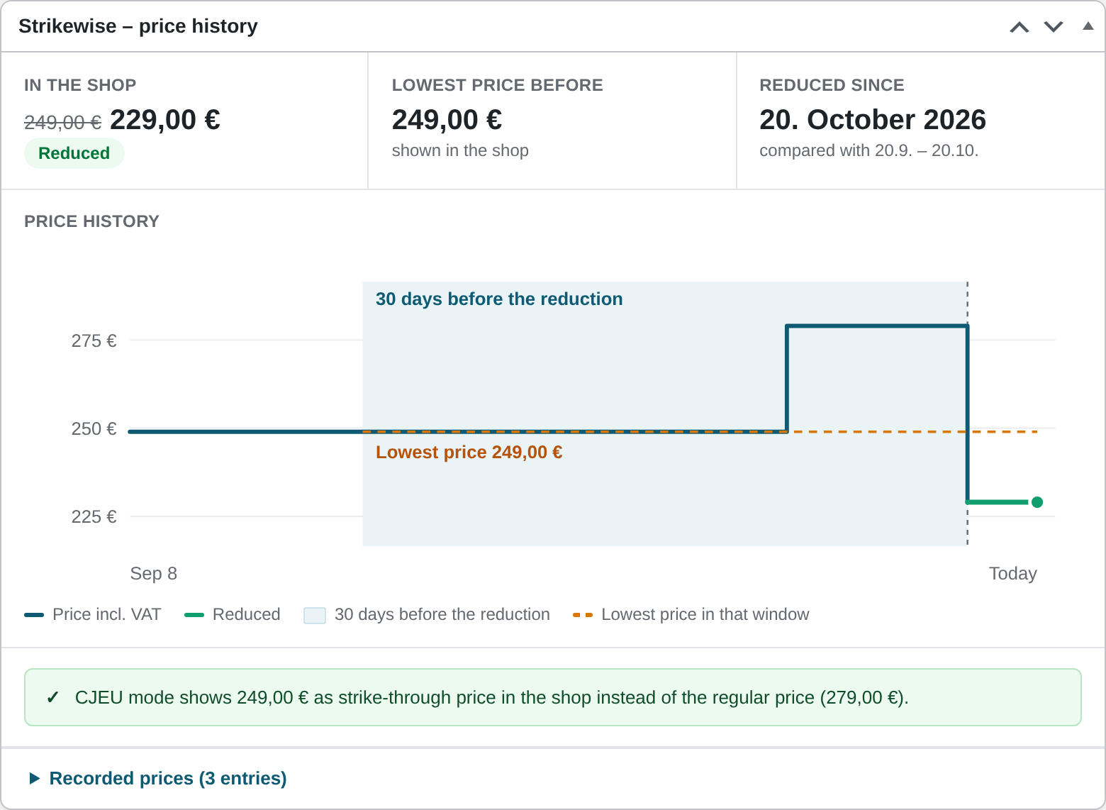 Price history in the product editor, with chart, the 30 days before the reduction and a clear hint.
