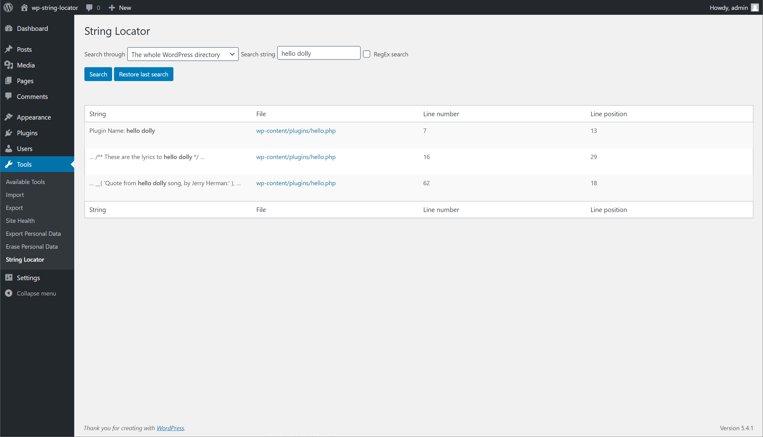 Searching WordPress for the string <code>hello dolly</code>.