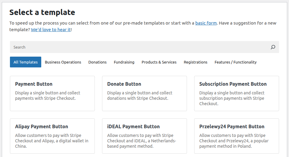 Payment form template selection