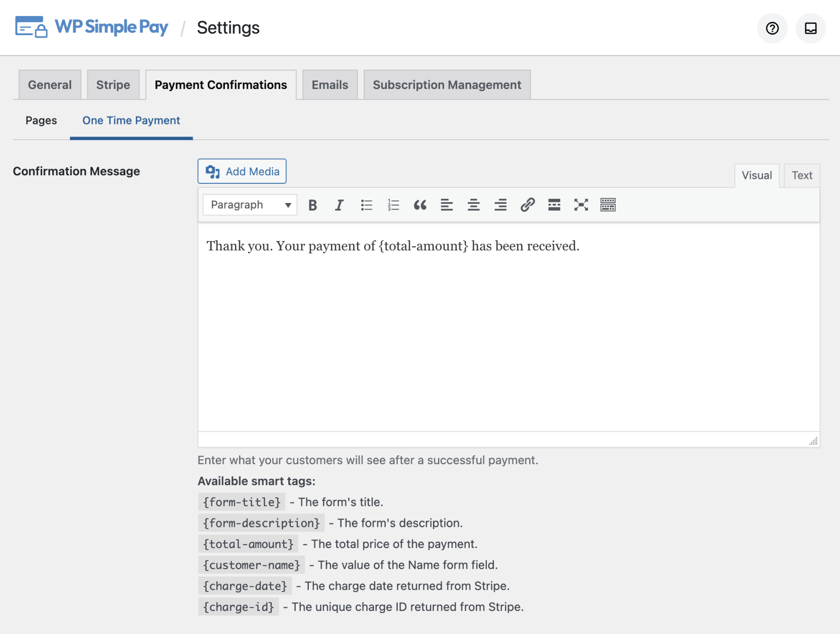 Global payment form settings: Payment confirmation details