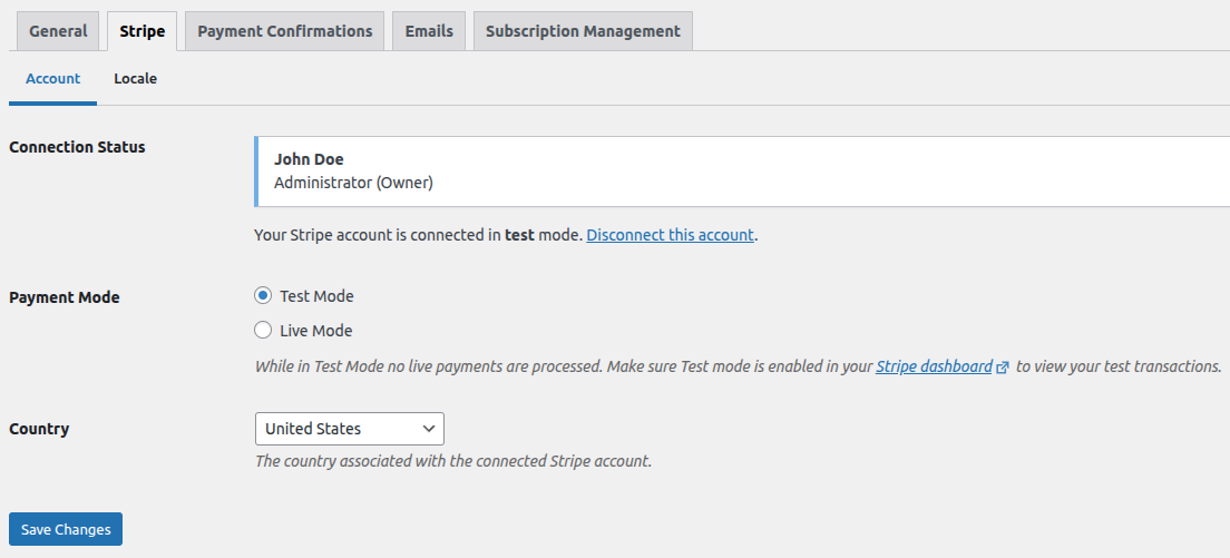 Global payment form settings: Connect with Stripe, Test mode