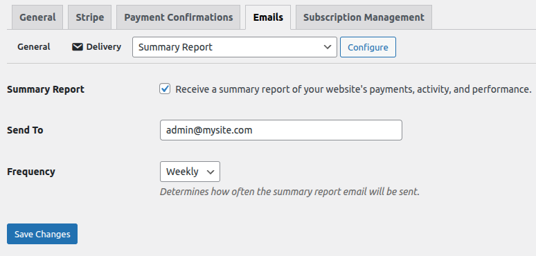 Global payment form settings: Summary report email