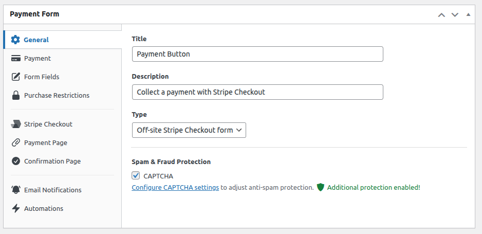 Payment form settings: General