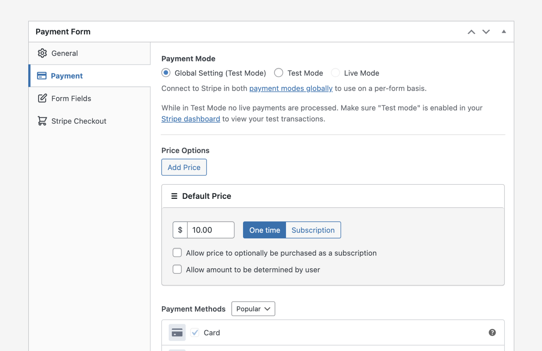 Payment form settings: Set amount, Button text