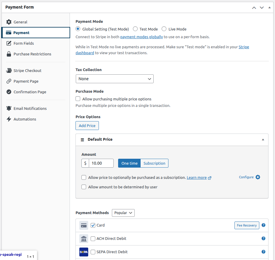Payment form settings: Set amount, Button text