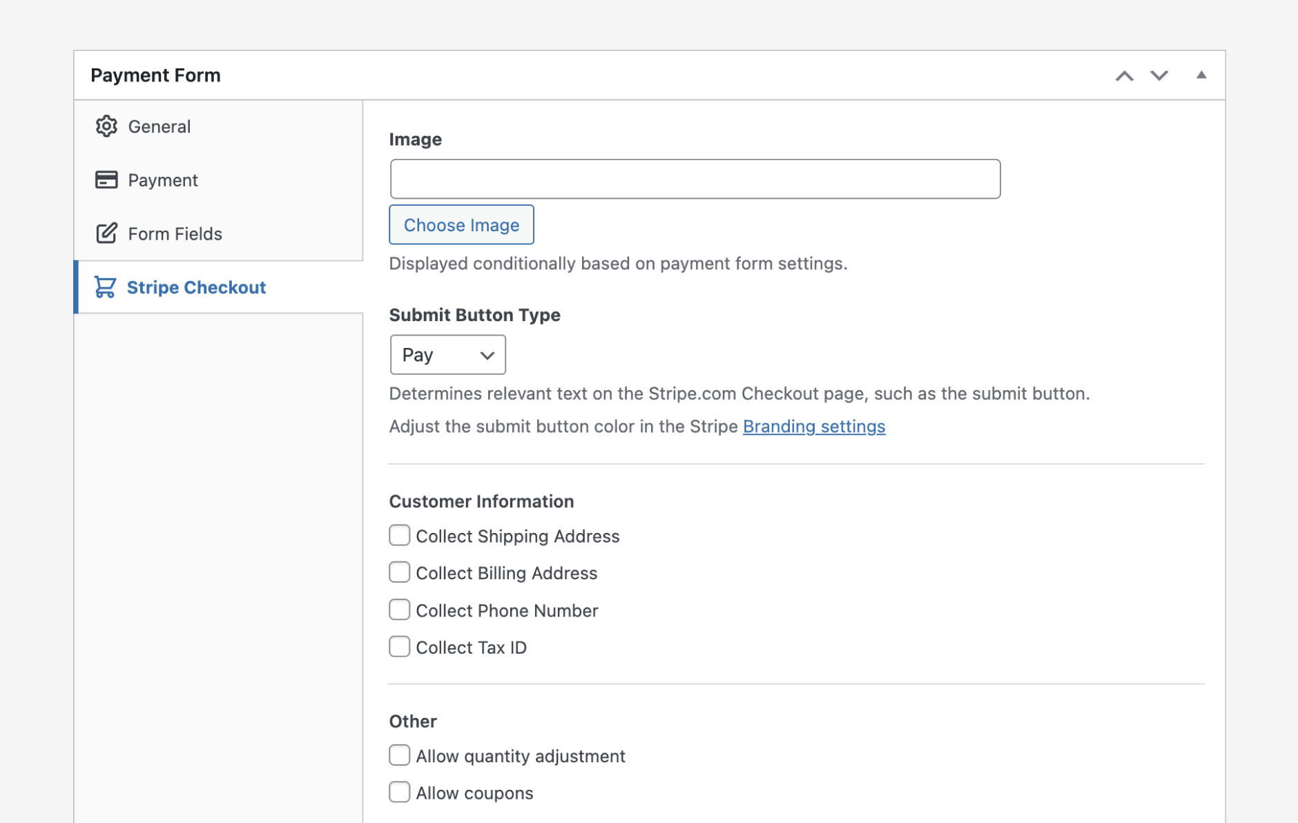 Payment form settings: Stripe Checkout options