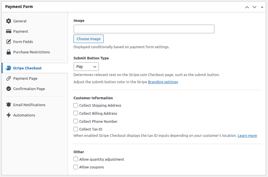 Payment form settings: Stripe Checkout options