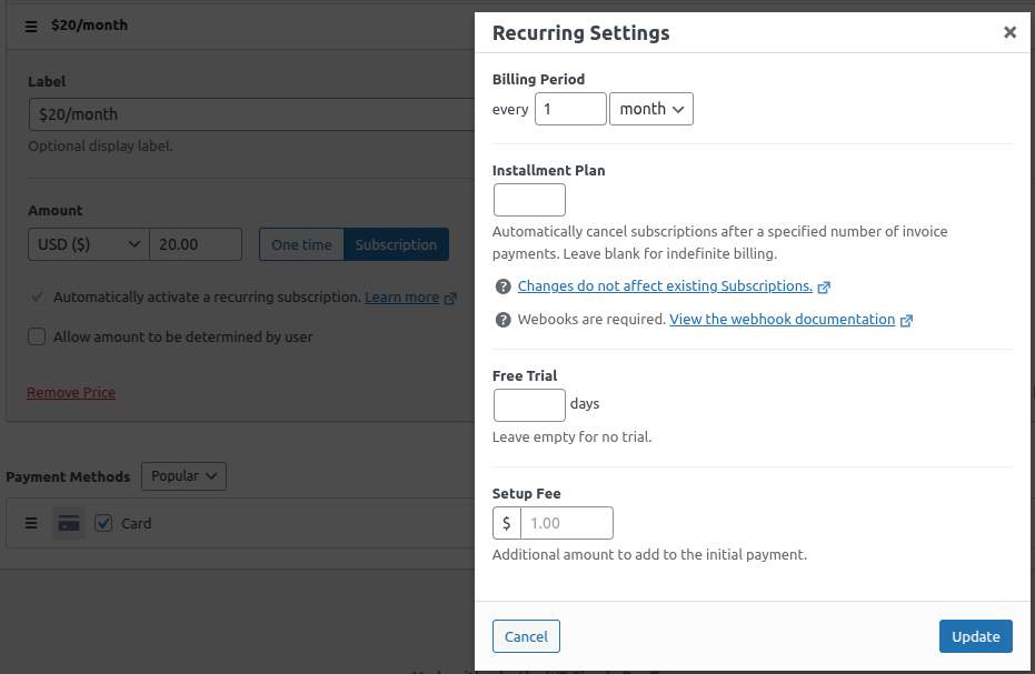 Payment form settings: Subscription options