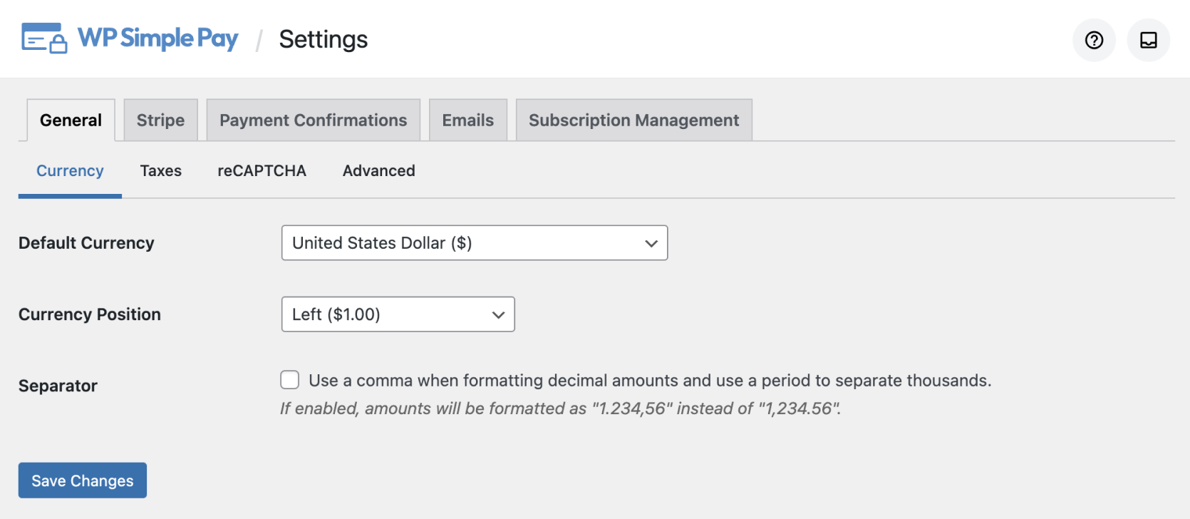 Global payment form settings: Currency