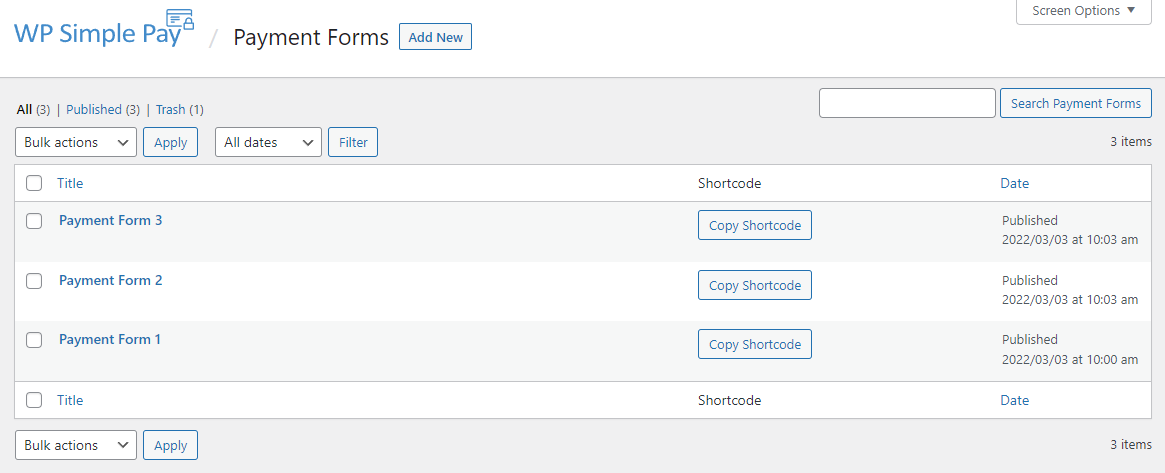 Payment forms listing