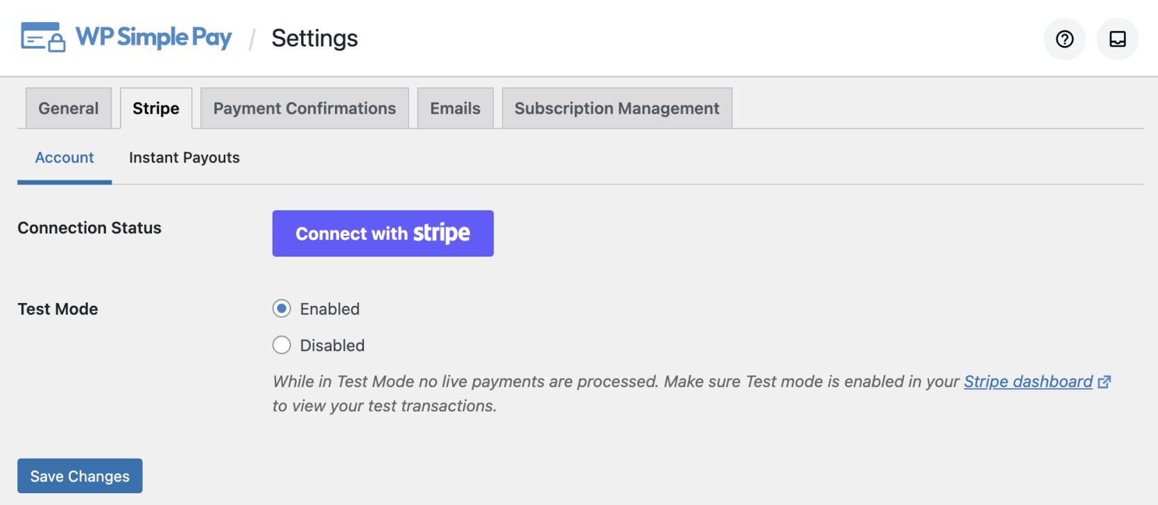 Configurações globais do formulário de pagamento: conecte-se com o Stripe, modo de teste