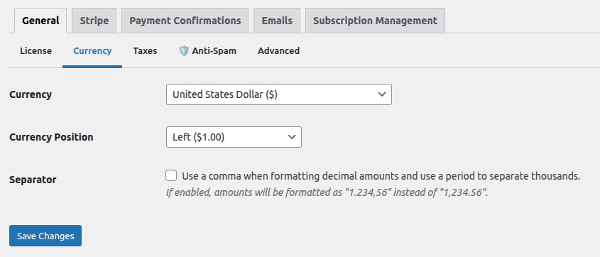 Global payment form settings: Currency