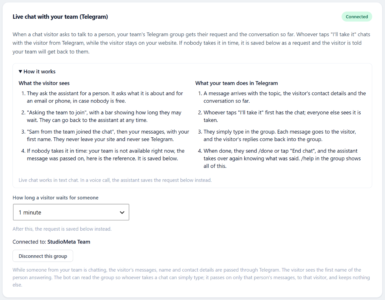 Staff Requests — connect your team's Telegram group, set the wait, and see how it works