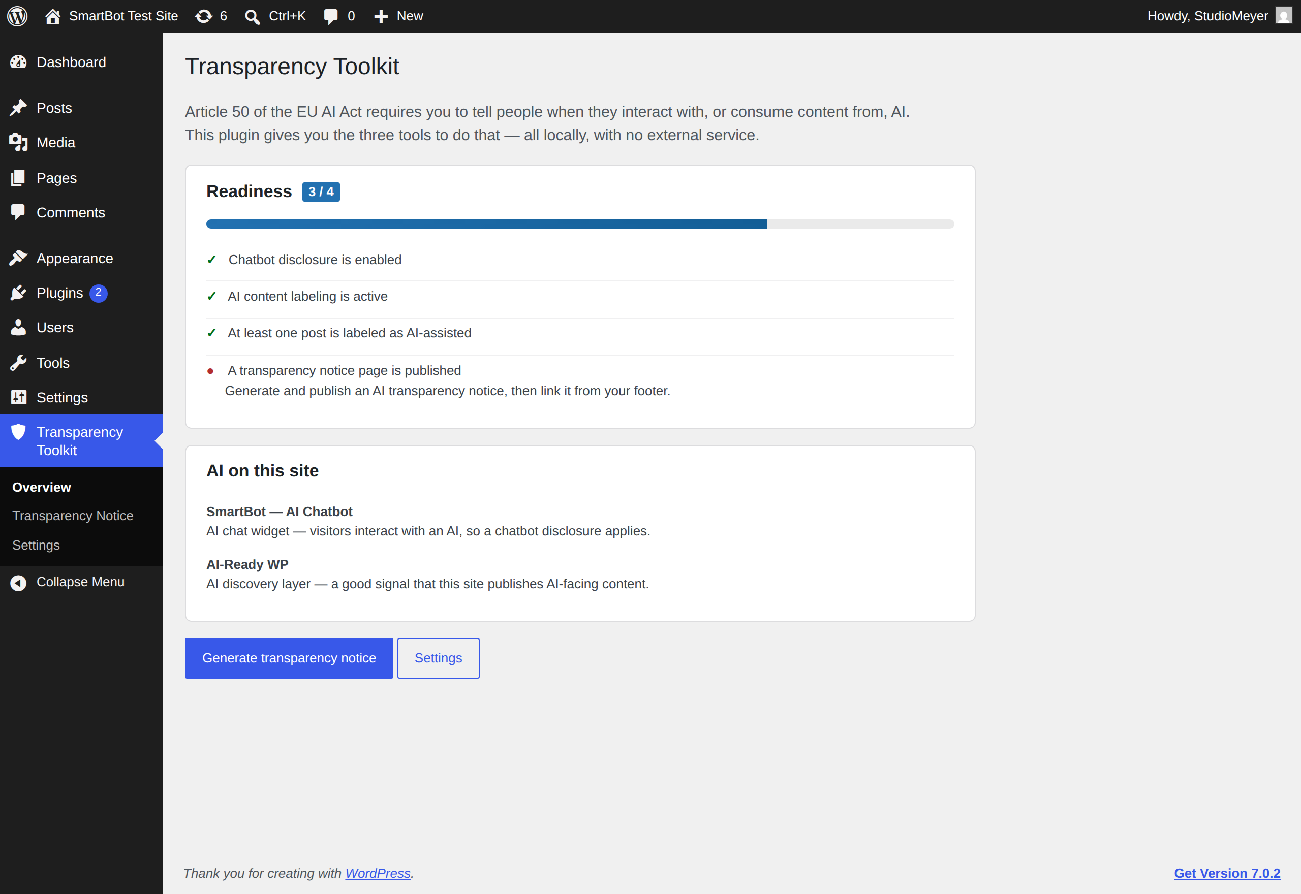 Overview — readiness checklist and the AI tools detected on your site