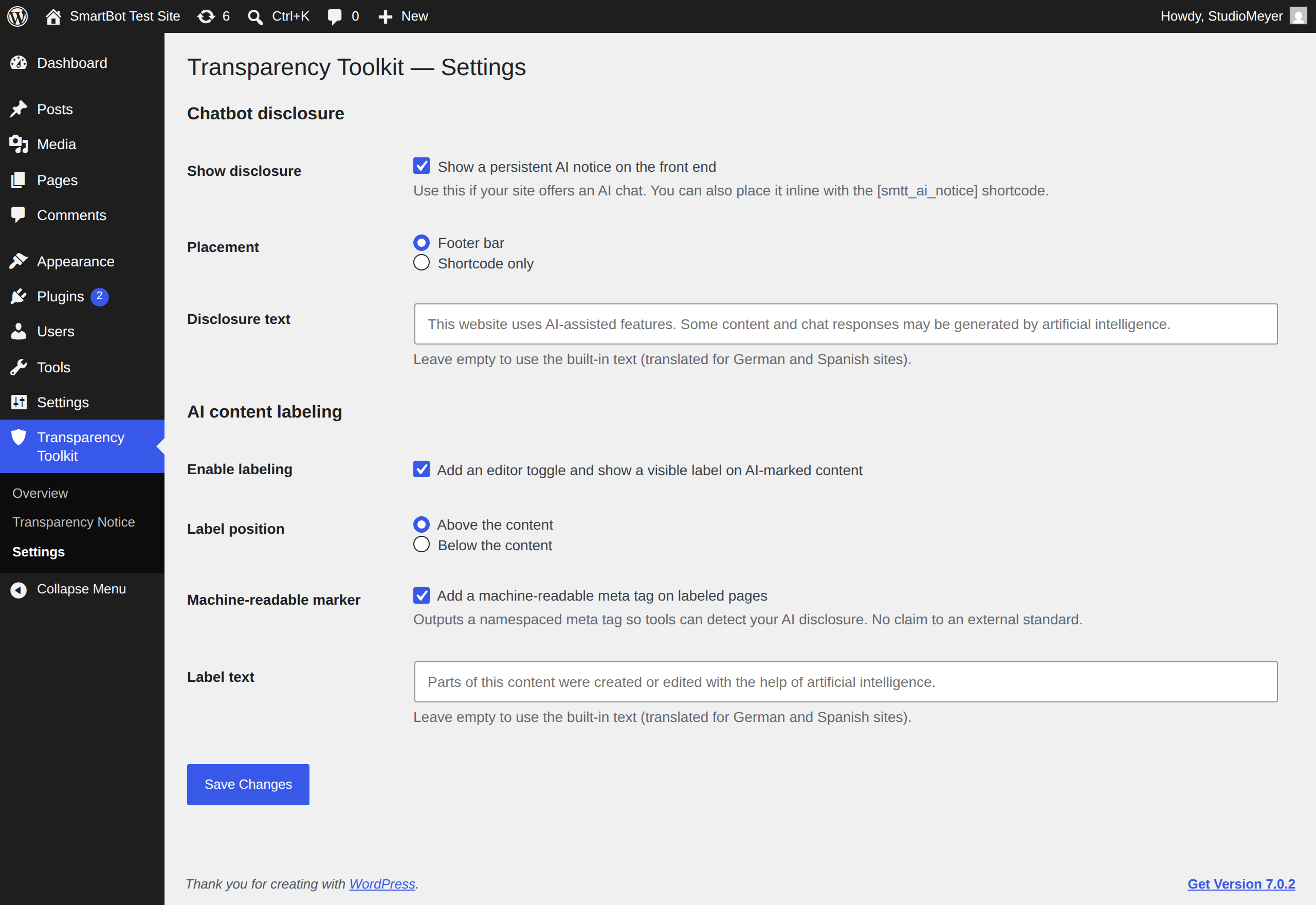 Settings — chatbot disclosure and AI content labeling