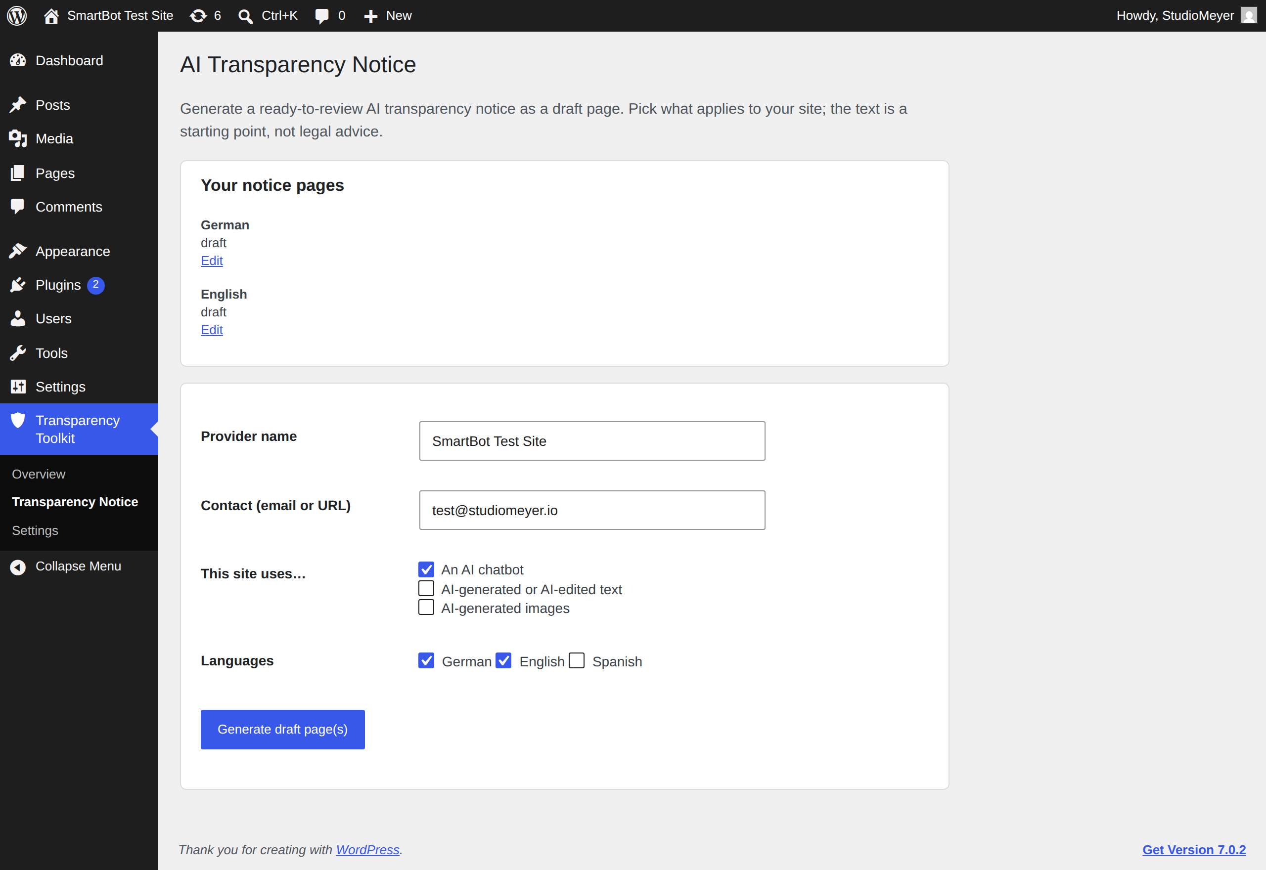 Transparency notice generator (German, English and Spanish)
