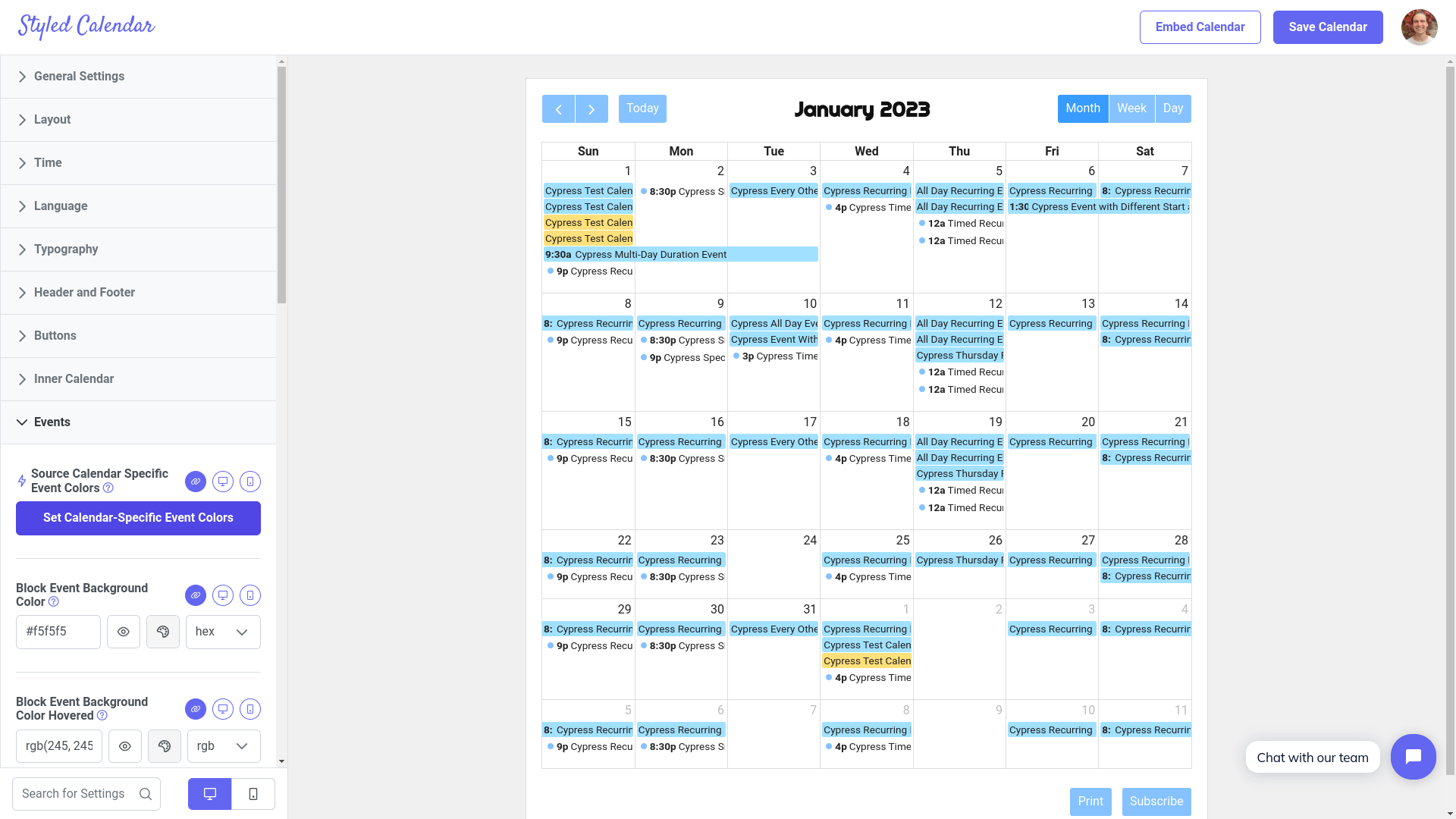 Events can be color coded by which Google calendar they are pulled from