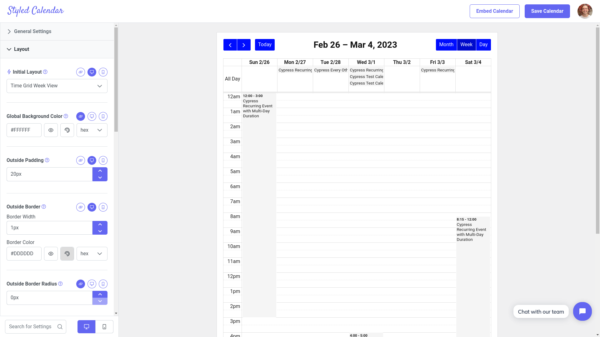 The time grid week layout